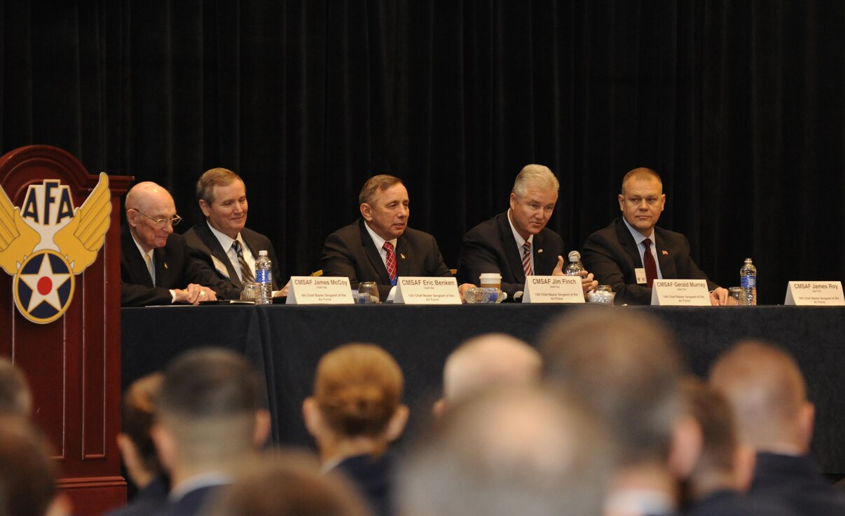 Five former chief master sergeants of the Air Force took the stage to share perspectives and stories about how they have inspired and been inspired by the modern Air Force during the Air Force Association’s Air and Space Conference and Technology Exposition in Washington D.C., Sept. 16. The former chiefs answered question from the audience that ranged from resilient Airmen, education, commissioning and encouraging your wingman. (Air Force photo/Staff Sgt. Whitney Stanfield)
