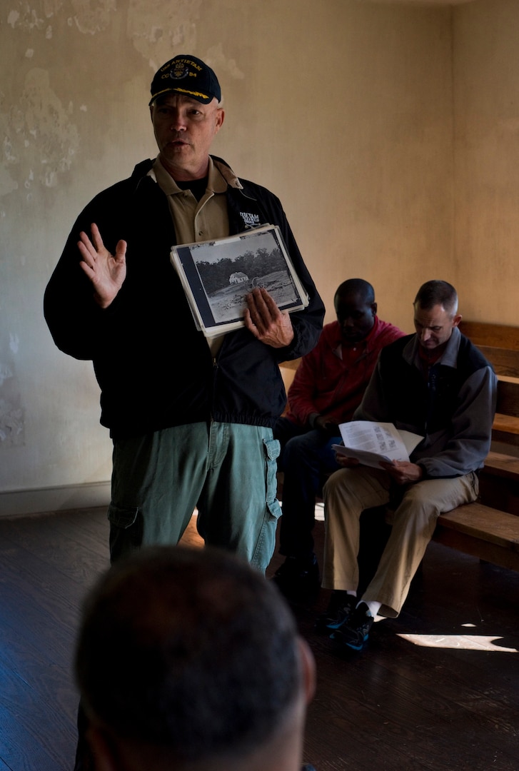 James A. Rosebrock, a certified battlefield guide with the National Park Service, briefs Soldiers from the National Guard Bureau's Soldier and Family Support Division during a staff ride at Antietam National Battlefield, Sept. 14, 2015 near Sharpsburg, Md. A staff ride is a tool used by a commander to build unit cohesion and esprit de corps among Soldiers through the use of historical lessons learned, relating the past to the present.
