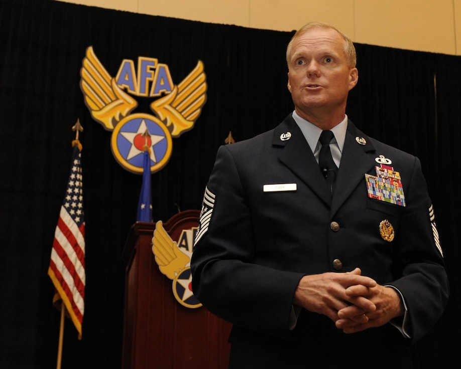 Chief Master Sgt. of the Air Force James A. Cody invites Airmen to ask him questions during the Air Force Association Air and Space Conference and Technology Exposition in Washington, D.C., Sept. 16, 2015. The conference brings together Air Force leadership, industry experts, academia and current aerospace specialists from around the world to discuss the issues and challenges facing America and the aerospace community today. (Air Force photo/Staff Sgt. Whitney Stanfield)