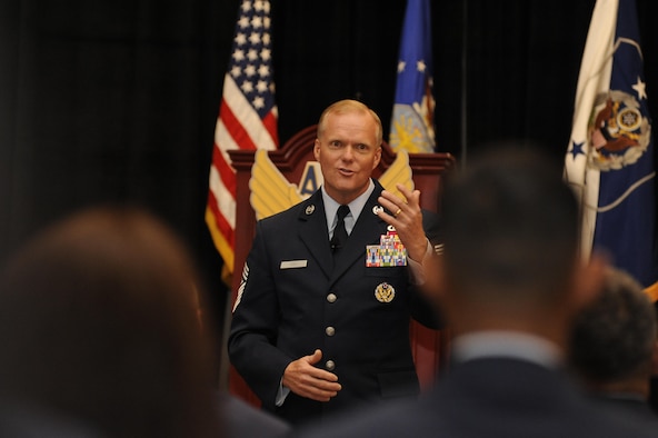 Chief Master Sgt. of the Air Force James A. Cody invites Airmen to ask him questions during the Air Force Association Air and Space Conference and Technology Exposition in Washington, D.C., Sept. 16, 2015. The conference brings together Air Force leadership, industry experts, academia and current aerospace specialists from around the world to discuss the issues and challenges facing America and the aerospace community today. (Air Force photo/Staff Sgt. Whitney Stanfield)