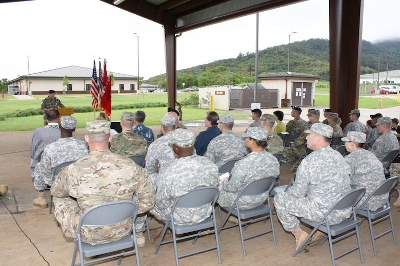 Brig. Gen. Jeffrey L. Milhorn, Commander Pacific Ocean Division, U.S. Army Corps of Engineers speaks to Soldiers and guests during the Ribbon Cutting Ceremony for the South Range Road Project area. 