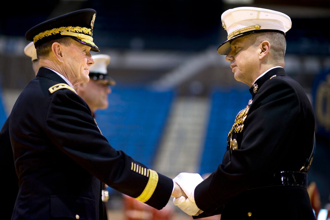 Army Gen. Martin E. Dempsey, left, chairman of the Joint Chiefs of Staff, shakes hands with Marine Corps Gen. John R. Allen during Allen's retirement ceremony at the U.S. Naval Academy in Annapolis, Md., April 29, 2013. DoD photo by D. Myles Cullen