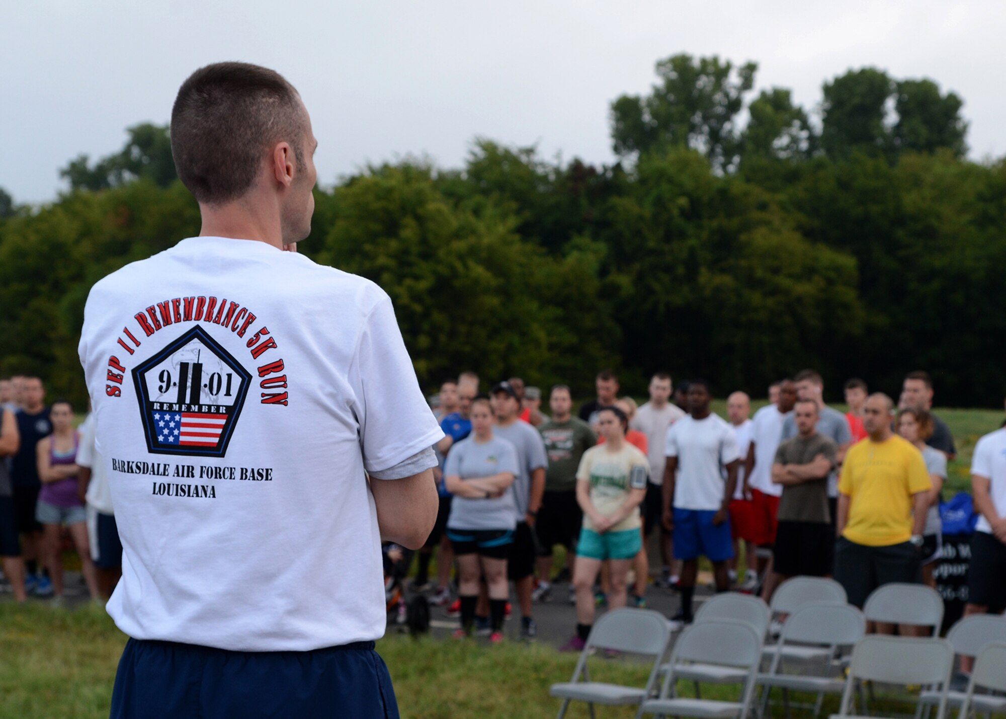 Master Sgt. Russell Stevens, 96th Bomb Squadron superintendent, waits for the Sept. 11 remembrance 5K Run to begin at Barksdale Air Force Base La., Sept. 11, 2015. The run was held to honor everyone who was affected by the terrorist attacks which took place this date 14 years earlier. (U.S. Air Force photo/Senior Airman Joseph A. Pagán Jr.)
