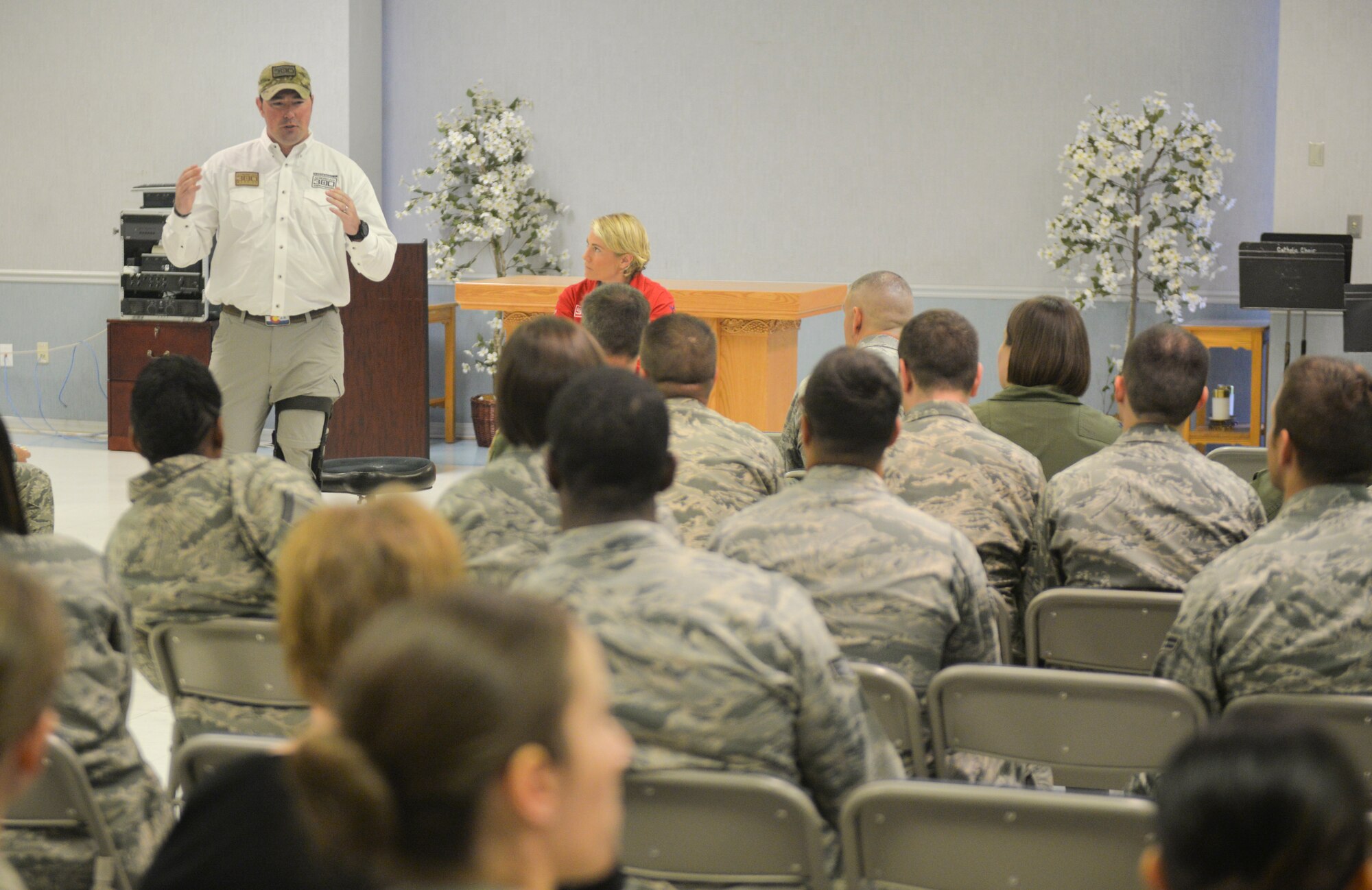 Retired U.S. Army Major Jesse Stewart, speaks with Airmen about resiliency at Barksdale Air Force Base, La., Sept. 10, 2015. Stewart led his men through numerous large-scale operations, raids, helicopter assaults and the re-building of a key Iraqi infrastructure. For their heroic efforts, his unit was awarded the Presidential Unit Citation, the highest award given to a unit in combat. Stewart also talked about challenges he faced during his last deployment to Iraq where he was wounded three times and suffered the loss of 14 men. (U.S. Air Force Photo/Airman 1st Class Mozer O. Da Cunha)