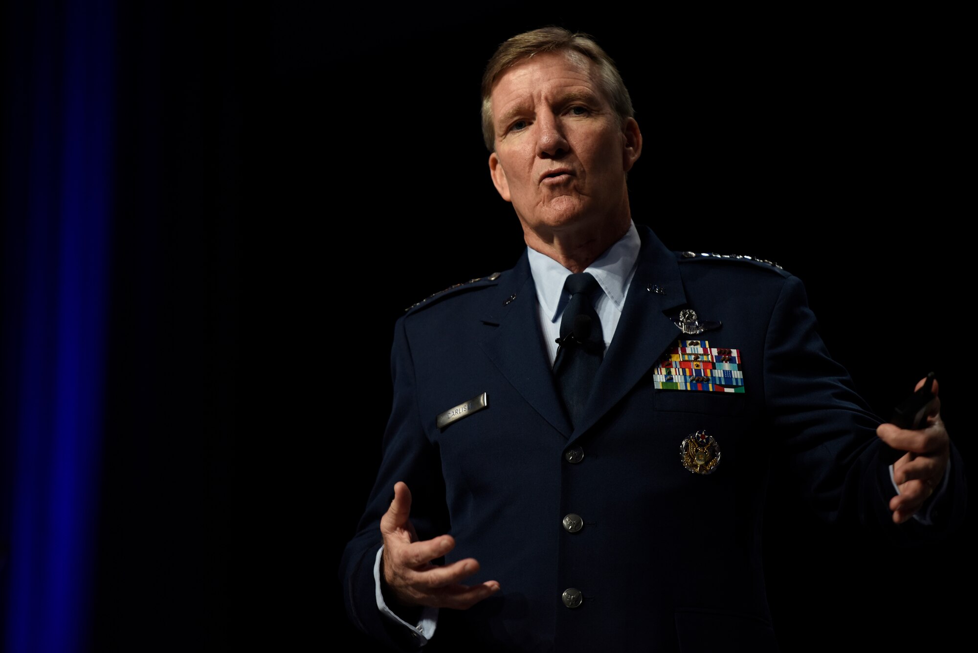 Gen. Hawk Carlisle, commander of Air Combat Command, talks about the 5th generation warfare, during the Air Force Association Air and Space Conference and Technology Exposition in Washington, D.C., Sept. 15, 2015. The Air Force Association's Air and Space Conference and technology exposition brings together Air Force leadership, industry experts, academia and current aerospace specialists from around the world to discuss the issues and challenges facing America and the aerospace community today.  (Air Force photo by Tech. Sgt. Dan DeCook)