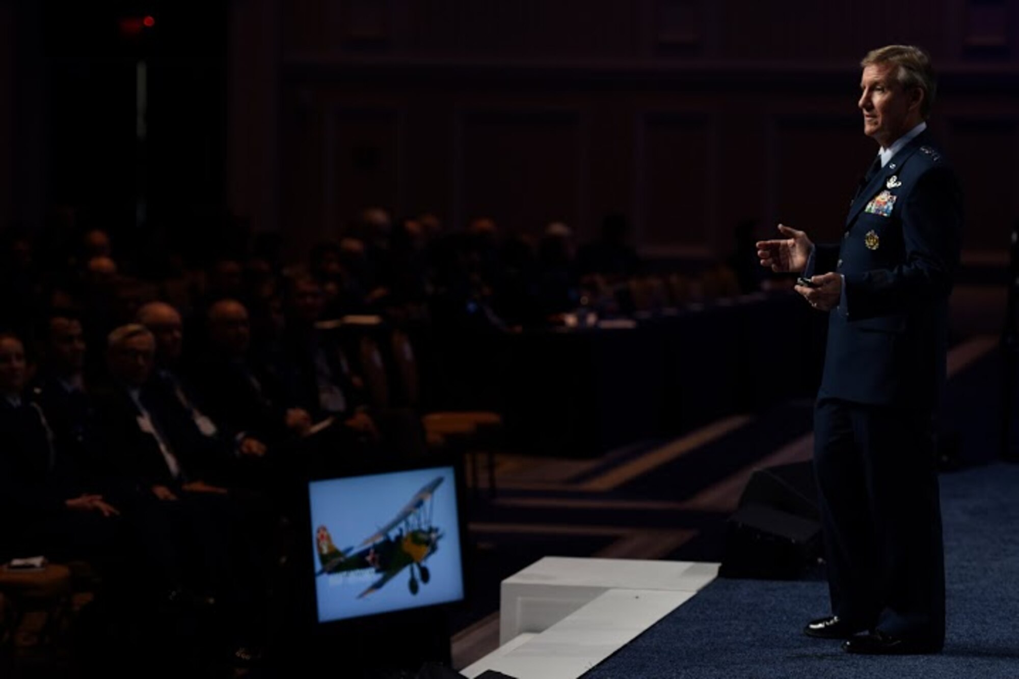 Gen. Hawk Carlisle, commander of Air Combat Command, talks about the 5th generation warfare, during the Air Force Association Air and Space Conference and Technology Exposition in Washington, D.C., Sept. 15, 2015. The Air Force Association's Air and Space Conference and technology exposition brings together Air Force leadership, industry experts, academia and current aerospace specialists from around the world to discuss the issues and challenges facing America and the aerospace community today.  (Air Force photo by Tech. Sgt. Dan DeCook)