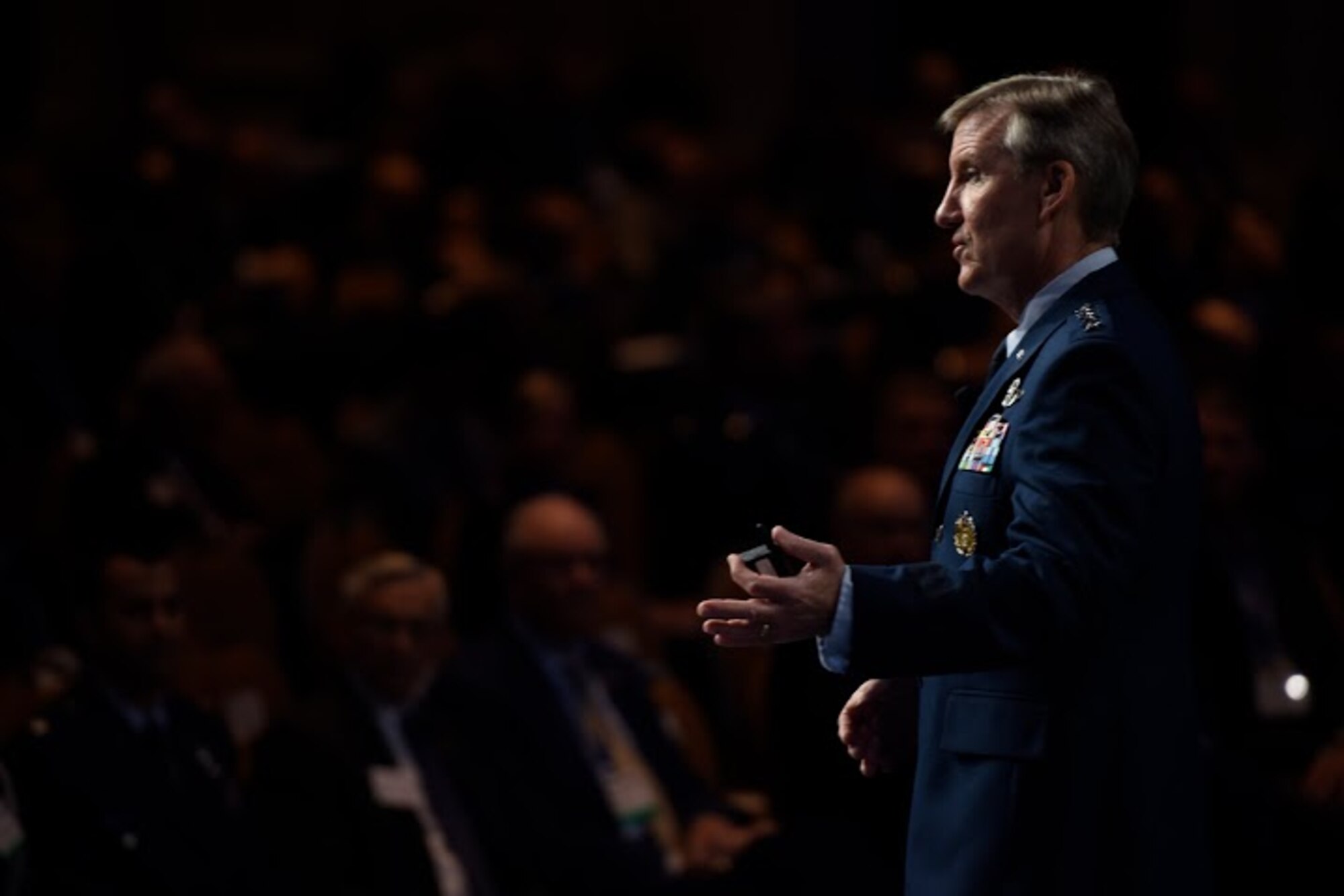 Gen. Hawk Carlisle, commander of Air Combat Command, talks about the 5th generation warfare, during the Air Force Association Air and Space Conference and Technology Exposition in Washington, D.C., Sept. 15, 2015. The Air Force Association's Air and Space Conference and technology exposition brings together Air Force leadership, industry experts, academia and current aerospace specialists from around the world to discuss the issues and challenges facing America and the aerospace community today.  (Air Force photo by Tech. Sgt. Dan DeCook)