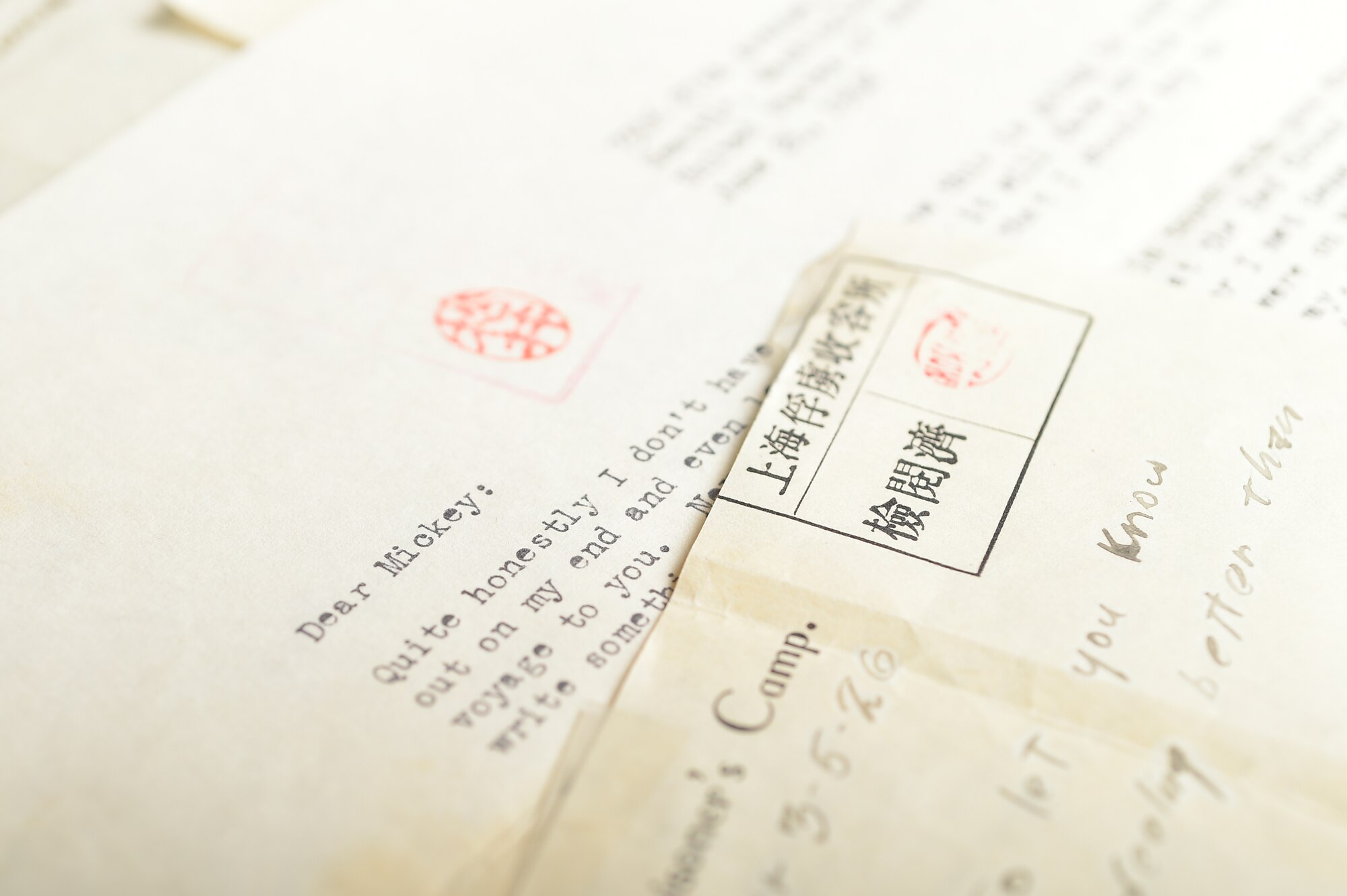 Letters sent between Malcolm Johnson, World War II veteran and former prisoner of war, and his family are shown at Davis-Monthan Air Force Base, Ariz., Aug. 26, 2015. Johnson was able to write his first letter home nearly five months after he was captured by Japanese forces. (U.S. Air Force photo by Airman 1st Mya M. Crosby/Released)