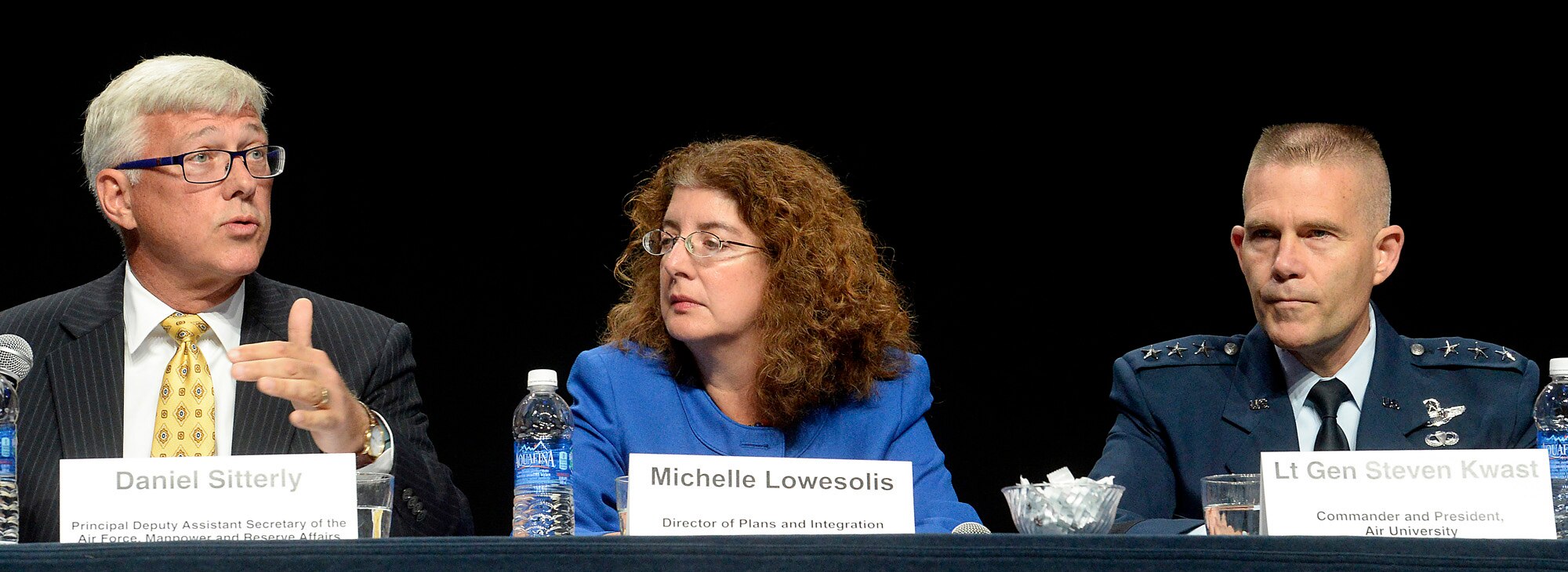 Daniel R. Sitterly, principal deputy assistant Secretary of the Air Force, answers a question with fellow panelists Michelle S. LoweSolis, the director of plans and integration, deputy chief of staff for manpower and personnel, Headquarters Air Force, and Lt. Gen. Steven L. Kwast, the Air University commander and president, during a discussion about human capital plan at the Air Force Association Air and Space Conference and Technology Exposition Sept. 15, 2015, in Washington, D.C. The Air Force experts talked about the way ahead for equipping, training and growing future Airmen. (U.S. Air Force photo/Scott M. Ash)