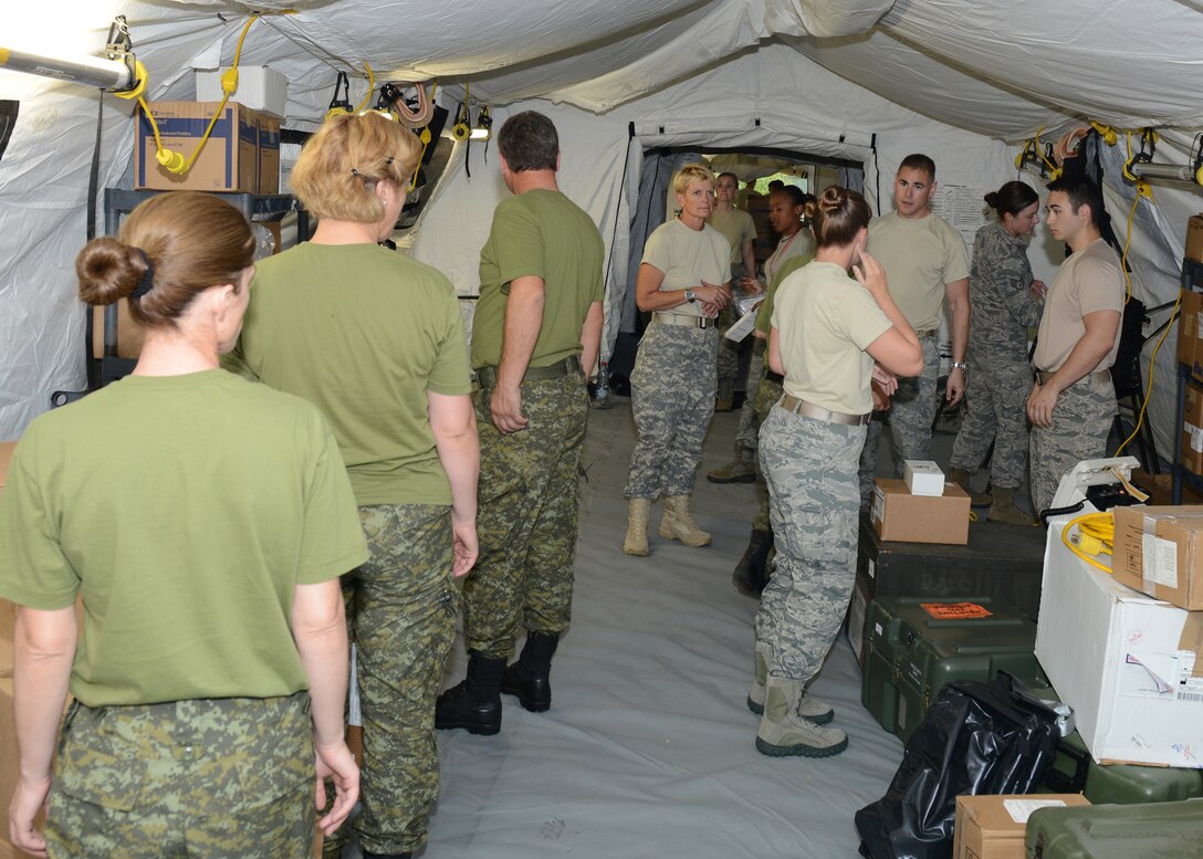 Kosovo security forces and U.S. service members assemble an emergency room at the U.S. Air Forces Expeditionary Medical Support training site in Vipava army base, Slovenia, Sept. 15, 2015. The training is part of the 13-day multinational, tactical field training exercise, Immediate Response 15. The exercise is designed to allow partner nations and U.S. military services to improve NATO interoperability and regional security. (Photo by U.S. Air Force Tech. Sgt. Eric Donner/Released)