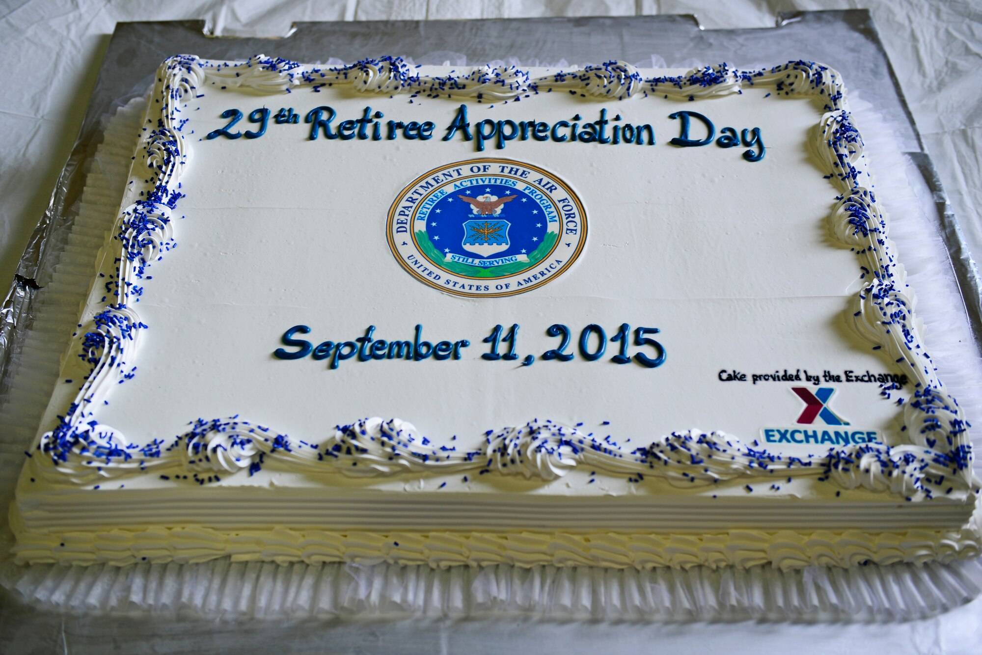 A cake was provided for the 29th annual Retiree Appreciation Day at Royal Air Force Lakenheath, England, Sept. 11, 2015. The event gave active-duty Airmen the opportunity to interact with retirees and pay respects to those who have served before them. (U.S. Air Force photo by Airman 1st Class Erin R. Babis/Released) 
