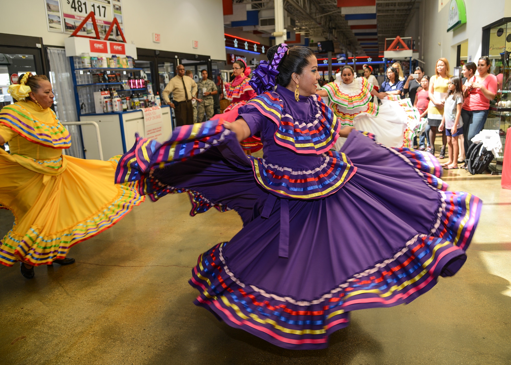 The Ballet Folklorico Etzatlan dancers perform a Mexican folk dance representing the state of Jalisco. (U.S. Air Force photo by Rebecca Amber)