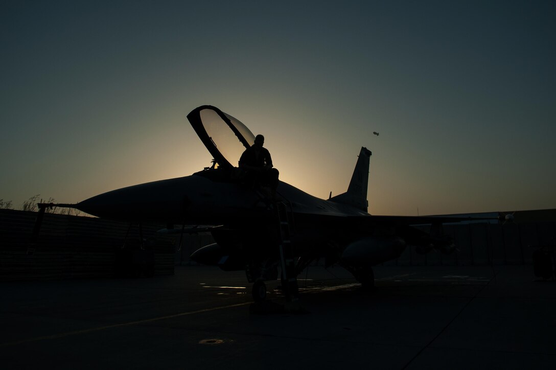 U.S. Air Force Airman 1st Class Dexter Fitzpatrick, 455th Expeditionary Aircraft Maintenance Squadron, preforms a preflight inspection on an F-16 Fighting Falcon aircraft before a combat sortie from Bagram Airfield, Afghanistan, Sept. 15, 2015. The F-16 is a multi-role fighter aircraft that is highly maneuverable and has proven itself in air-to-air and air-to-ground combat. (U.S. Air Force photo by Tech. Sgt. Joseph Swafford/Released)