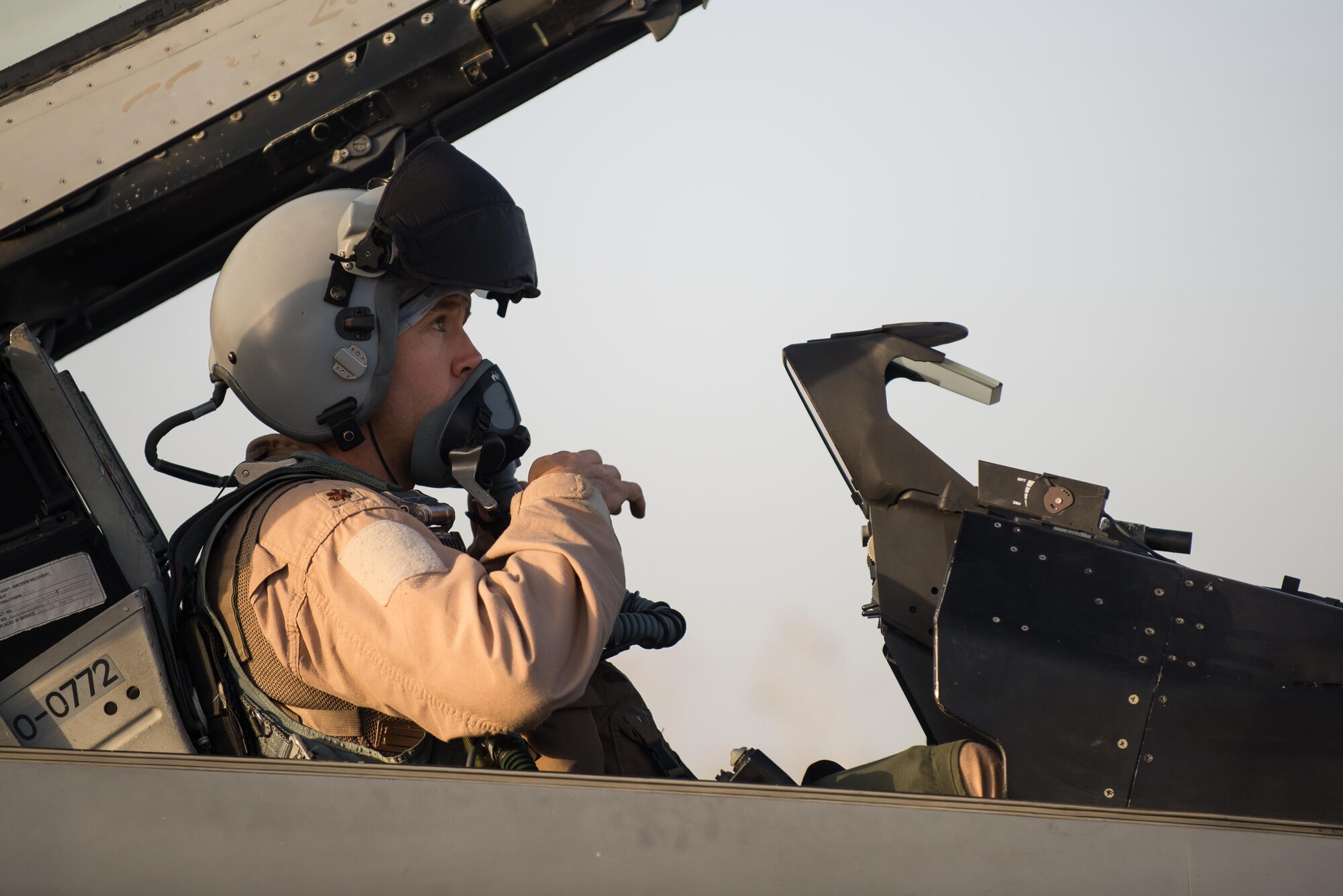 A U.S. Air Force F-16 Fighting Falcon pilot assigned to the 555th Expeditionary Fighter prepares for a combat sortie from Bagram Airfield, Afghanistan, Sept. 15, 2015. The F-16 is a multi-role fighter aircraft that is highly maneuverable and has proven itself in air-to-air and air-to-ground combat. (U.S. Air Force photo by Tech. Sgt. Joseph Swafford/Released)