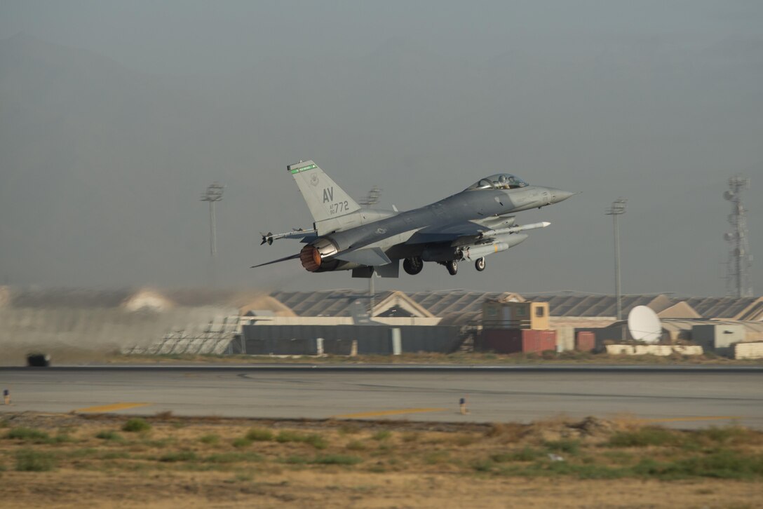 A U.S. Air Force F-16 Fighting Falcon aircraft assigned to the 555th Expeditionary Fighter Squadron takes off on a combat sortie from Bagram Airfield, Afghanistan, Sept. 15, 2015. The F-16 is a multi-role fighter aircraft that is highly maneuverable and has proven itself in air-to-air and air-to-ground combat. (U.S. Air Force photo by Tech. Sgt. Joseph Swafford/Released)