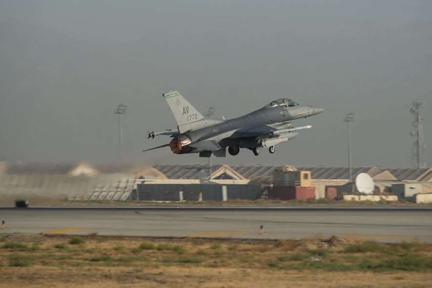 A U.S. Air Force F-16 Fighting Falcon aircraft assigned to the 555th Expeditionary Fighter Squadron takes off on a combat sortie from Bagram Airfield, Afghanistan, Sept. 15, 2015. The F-16 is a multi-role fighter aircraft that is highly maneuverable and has proven itself in air-to-air and air-to-ground combat. (U.S. Air Force photo by Tech. Sgt. Joseph Swafford/Released)
