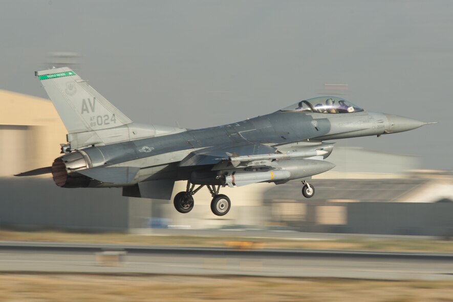 A U.S. Air Force F-16 Fighting Falcon aircraft assigned to the 555th Expeditionary Fighter Squadron takes off on a combat sortie from Bagram Airfield, Afghanistan, Sept. 15, 2015. The F-16 is a multi-role fighter aircraft that is highly maneuverable and has proven itself in air-to-air and air-to-ground combat. (U.S. Air Force photo by Tech. Sgt. Joseph Swafford/Released)