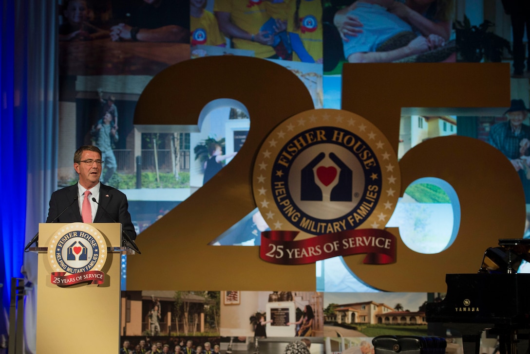 Defense Secretary Ash Carter delivers remarks at the Fisher House's 25th Anniversary Gala at the Ronald Reagan Building and International Trade Center in Washington, D.C., Sept. 16, 2015. The Fisher House Foundation donates homes built on the grounds of major U.S. military and Veterans Affairs Department medical centers. Those homes give family members a place to stay close to their loved ones while they recover from injuries or illnesses. DoD photo by U.S. Air Force Senior Master Sgt. Adrian Cadiz