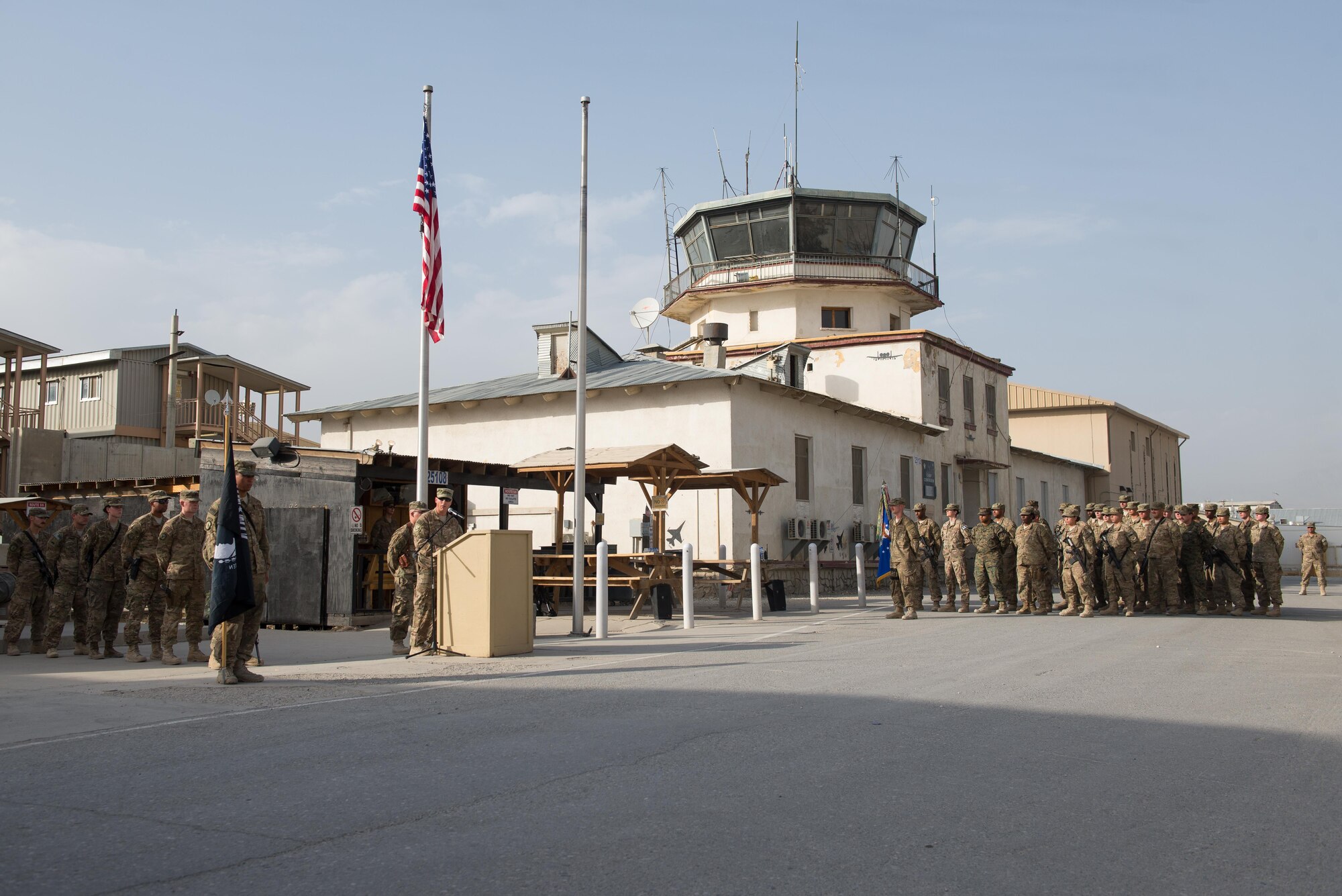 U.S. Air Force Chief Master Sgt. Matthew Grengs, 455th Air Expeditionary Wing command chief, gives a speech during the Prisoners Of War, Missing In Action Remembrance and Retreat Ceremony at Bagram Airfield, Afghanistan, Sept. 17, 2015. The ceremony was in honor of National POW/MIA Remembrance Day, which is observed annually in the United States on the third Friday of September. (U.S. Air Force photo by Tech. Sgt. Joseph Swafford/Released)