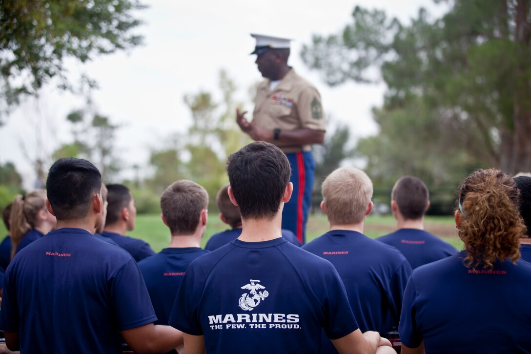 The 18th Sergeant Major of the Marine Corps, Ronald L. Green, speaks to Marines assigned to Recruiting Station Phoenix and poolees in Phoenix, AZ., September 10, 2015.  (U.S. Marine Corps photo by Sgt. Melissa Marnell, Office of the 18th Sergeant Major of the Marine Corps/Released)