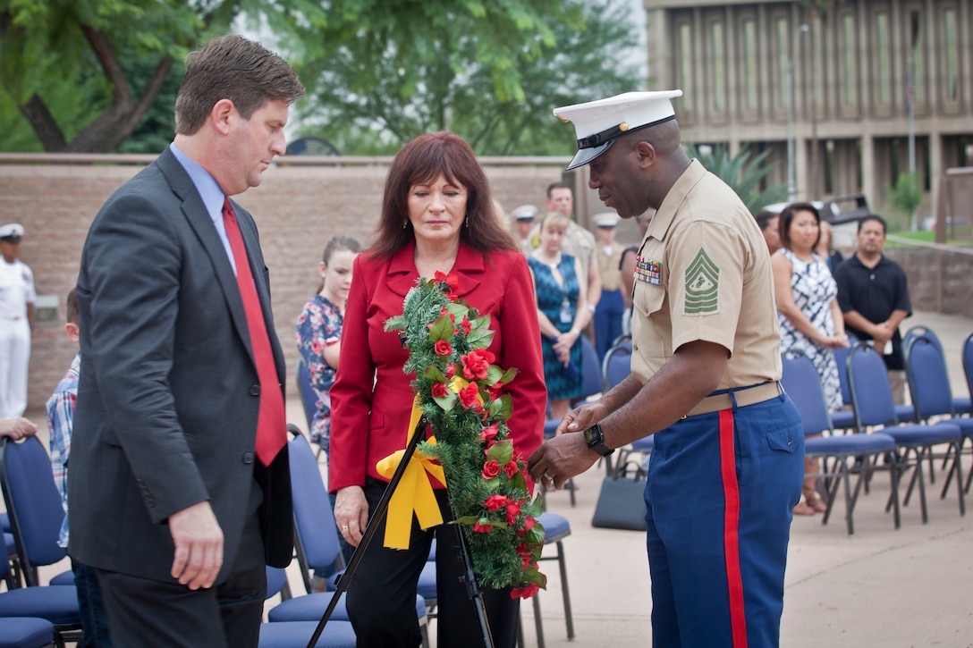 The 18th Sergeant Major of the Marine Corps, Ronald L. Green, participates in a wreath laying ceremony during Marine Week Phoenix, AZ., September 10, 2015.  (U.S. Marine Corps photo by Sgt. Melissa Marnell, Office of the 18th Sergeant Major of the Marine Corps/Released)