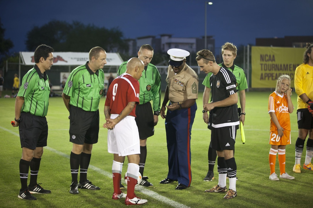 The 18th Sergeant Major of the Marine Corps, Ronald L. Green, attends an All-Marine Men's Soccer Team scrimmage against the University of Arizona Men's Soccer Team at Sun Devil Soccer Stadium, Tempe, AZ., September 10, 2015. The All-Marine Men's Soccer Team was participating in Marine Week Phoenix. (U.S. Marine Corps photo by Sgt. Melissa Marnell, Office of the 18th Sergeant Major of the Marine Corps/Released)