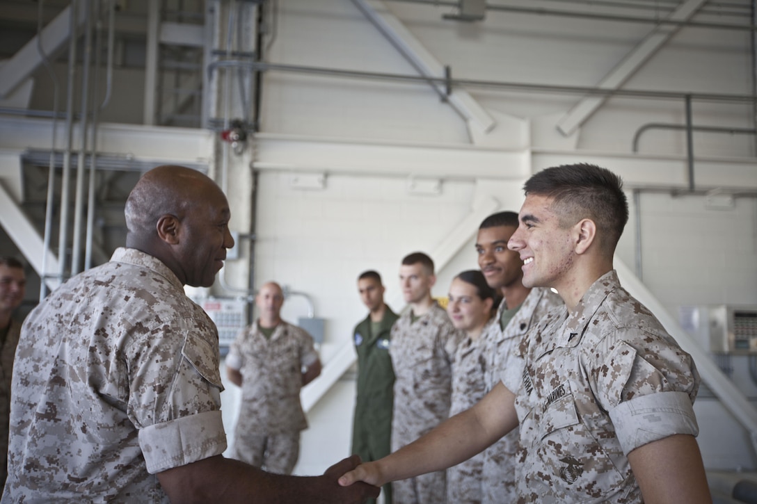 The 18th Sergeant Major of the Marine Corps, Ronald L. Green, visits U.S. Marines assigned to Marine Corps Air Station Beaufort, SC., September 14, 2015. Sgt.Maj Green's visit to the base included a luch with Non-Commissioned Officers, tours of the squadrons aboard the base, and a meet and greet with Staff NCOs. (U.S. Marine Corps photo by Sgt. Melissa Marnell, Office of the 18th Sergeant Major of the Marine Corps/Released)