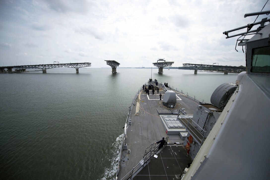 The USS Carney prepares to pass under the George P. Coleman Memorial Bridge in the waters off Yorktown, Va., Sept. 11, 2015. The Carney is deploying to Rota, Spain. U.S. Navy photo by Petty Officer 3rd Class Jonathan B. Trejo