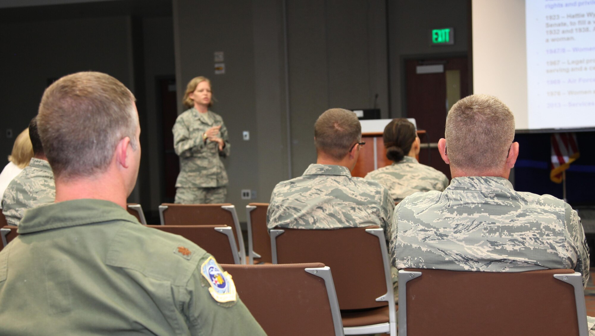 Capt. Cara Swanson, an Individual Mobilization Augmentee assigned to the 566th Intelligence Squadron, addresses the audience during the Air Reserve Personnel Center’s September Leadership Seminar Sept. 17, 2015, at the Headquarters ARPC building on Buckley Air Force Base, Colo. (U.S. Air Force photo/Tech. Sgt. Rob Hazelett)