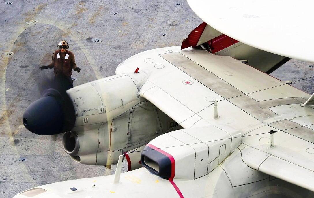 An E-2 Hawkeye prepares to launch from the flight deck of the aircraft carrier USS Dwight D. Eisenhower in the Atlantic Ocean, Sept. 10, 2015. The Dwight D. Eisenhower is underway conducting flight deck certifications. U.S. Navy photo by Petty Officer 3rd Class Jameson E. Lynch