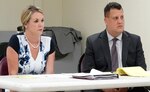 Sarah Erney (left), Office of Soldiers Counsel paralegal, and Aaron Feldman, Office of Soldiers Counsel attorney, participate in a mock formal evaluation board at building 367 on Fort Sam Houston Aug. 26.