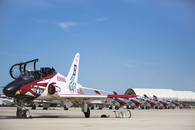 T-45 Goshawks rest aboard Marine Corps Air Station Beaufort as part of the advanced course of the Student Naval Aviator strike pilot training program Sept. 15.  The Goshawk is a fully carrier-capable version of the British Aerospace Hawk Mk-60. It was developed as a jet flight trainer for the Navy and Marine Corps. The T-45s are with Training Air Wing 1 from Naval Air Station Meridian, Miss. and TRAWING-2 from NAS Kingsville, Texas. The TRAWINGs chose MCAS Beaufort as an alternate training site due to its accomodations and facilities for jet aircraft.