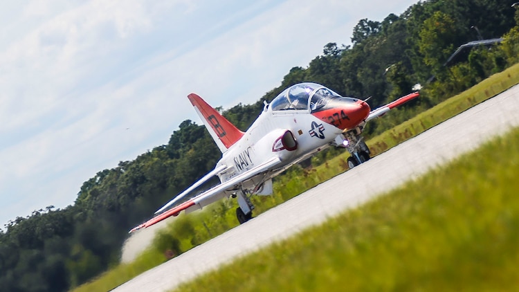 A T-45 Goshawk takes off during a scheduled training flight as part of the advanced course of the Student Naval Aviator strike pilot training program aboard Marine Corps Air Station Beaufort Sept. 15.  the T-45 is used by the Navy as an aircraft carrier-capable trainer. It was developed as a jet flight trainer for the Navy and Marine Corps. The T-45s are with Training Air Wing 1 from Naval Air Station Meridian, Miss. and TRAWING-2 from NAS Kingsville, Texas.