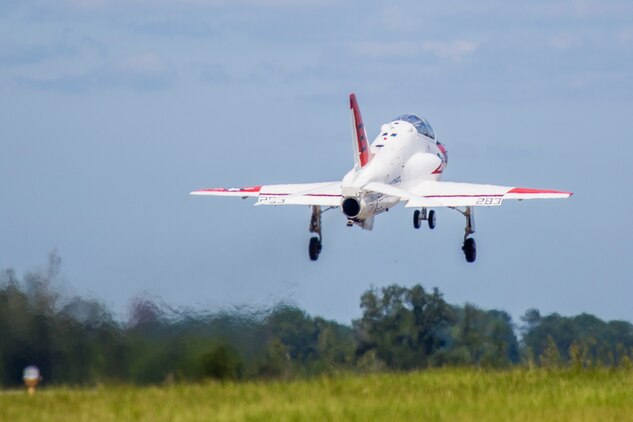 A T-45 Goshawk takes off during a scheduled training flight as part of the advanced course of the Navy and Marine Corps Student Naval Aviator strike pilot training program aboard Marine Corps Air Station Beaufort Sept. 15.  the T-45 is used by the Navy as an aircraft carrier-capable trainer. It was developed as a jet flight trainer for the Navy and Marine Corps. The T-45s are with Training Air Wing 1 from Naval Air Station Meridian, Miss. and TRAWING-2 from NAS Kingsville, Texas.