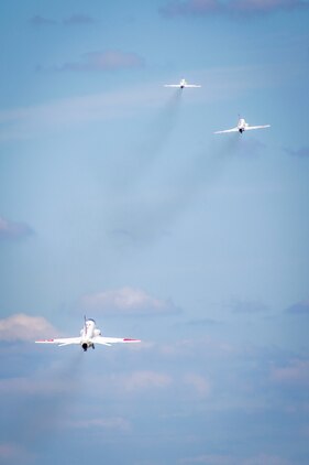 T-45 Goshawks gain altitude during a scheduled training flight as part of the advanced course of the Student Naval Aviator strike pilot training program aboard Marine Corps Air Station Beaufort Sept. 15.  the T-45 is used by the Navy as an aircraft carrier-capable trainer. It was developed as a jet flight trainer for the Navy and Marine Corps. The T-45s are with Training Air Wing 1 from Naval Air Station Meridian, Miss. and TRAWING-2 from NAS Kingsville, Texas.