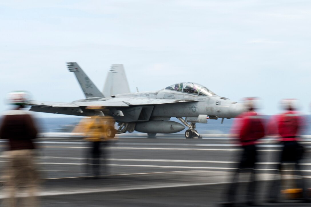 An F/A-18F Super Hornet launches from the flight deck of the aircraft carrier USS Harry S. Truman in the Atlantic Ocean, Sept. 15, 2015. The aircraft is assigned to the Jolly Rogers of Strike Fighter Squadron 103. The Harry S. Truman Carrier Strike Group is participating in a composite training unit exercise in preparation for a future deployment. U.S. Navy photo by Petty Officer 2nd Class K. H. Anderson