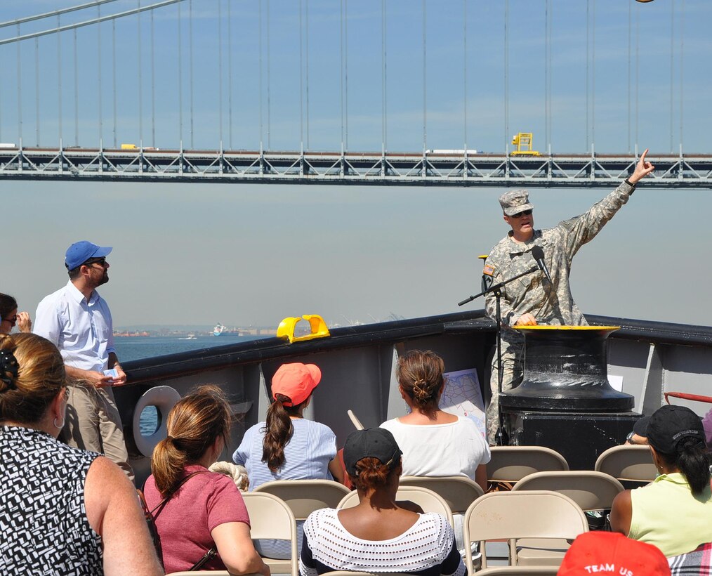 Col. David Caldwell, the Army Corps’ New York District Commander on the bow of the MV Hayward addresses partners during a Harbor Inspection. The Harbor Inspection conducted Sept. 16, 2015 provided an opportunity to highlight past success.  Attendees discussed successes, ongoing efforts and methods to continue to partner in the future.