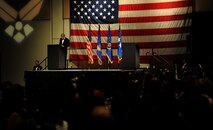 Retired Gen. Norty Schwartz, 19th Chief of Staff of the Air Force, speaks to more than 900 personnel during an Air Force Ball at the Emerald Coast Convention Center, Ft. Walton Beach, Fla., Sept. 12, 2015. Hosted by the 1st Special Operations Wing, Air Force Ball attendees celebrated the high standards set by yesterday's Airmen through dedication to duty and innovation to succeed, today's diverse Airmen who stand ready to fly, fight and win against worldwide threats in air, space and cyberspace, and tomorrow's Airmen who will succeed through capability and flexibility in a future of unpredictability. (U.S. Air Force Photo by Staff Sgt. Katherine Holt)