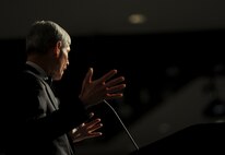 Retired Gen. Norty Schwartz, 19th Chief of Staff of the Air Force, speaks to more than 900 personnel during an Air Force Ball at the Emerald Coast Convention Center, Ft. Walton Beach, Fla., Sept. 12, 2015. Hosted by the 1st Special Operations Wing, Air Force Ball attendees celebrated the high standards set by yesterday's Airmen through dedication to duty and innovation to succeed, today's diverse Airmen who stand ready to fly, fight and win against worldwide threats in air, space and cyberspace, and tomorrow's Airmen who will succeed through capability and flexibility in a future of unpredictability. (U.S. Air Force Photo by Staff Sgt. Katherine Holt)