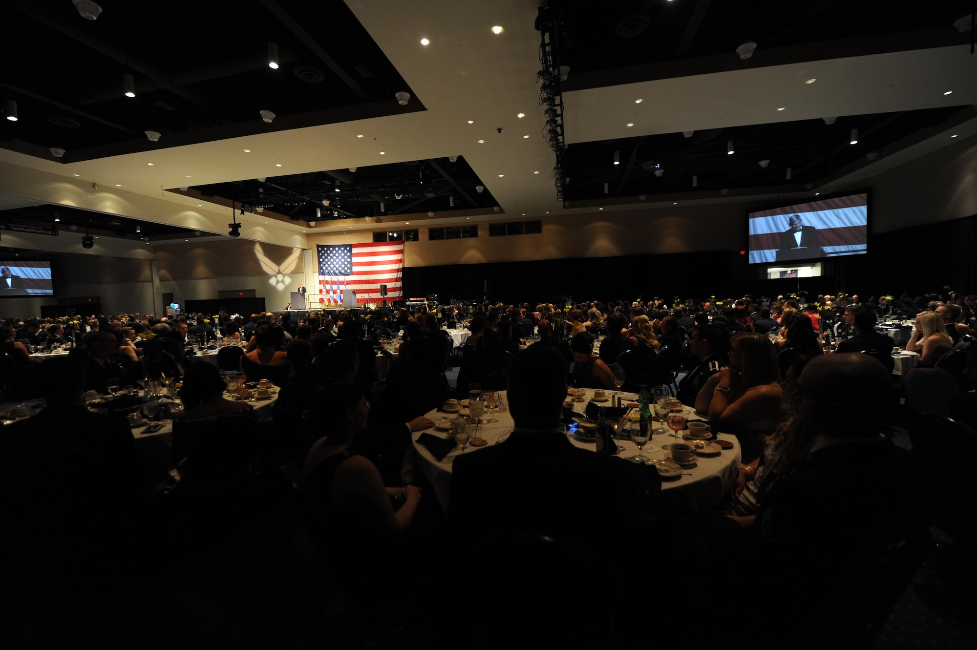 More than 900 Hurlburt personnel celebrated the Air Force's 68th Birthday, Air Force Special Operations Command's 25th Anniversary and the Year of the Air Commando with guest speaker, retired Gen. Norty Schwartz, 19th Chief of Staff of the Air Force, during an Air Force Ball at the Emerald Coast Convention Center, Ft. Walton Beach, Fla., Sept. 12, 2015. Hosted by the 1st Special Operations Wing, Air Force Ball attendees celebrated the high standards set by yesterday's Airmen through dedication to duty and innovation to succeed, today's diverse Airmen who stand ready to fly, fight and win against worldwide threats in air, space and cyberspace, and tomorrow's Airmen who will succeed through capability and flexibility in a future of unpredictability. (U.S. Air Force Photo by Staff Sgt. Katherine Holt)