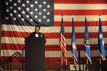 Col. Sean Farrell, 1st Special Operations Wing commander, speaks to more than 900 personnel during an Air Force Ball at the Emerald Coast Convention Center, Ft. Walton Beach, Fla., Spet. 12, 2015. Hosted by the 1st SOW, Air Force Ball attendees celebrated the high standards set by yesterday's Airmen through dedication to duty and innovation to succeed, today's diverse Airmen who stand ready to fly, fight and win against worldwide threats in air, space and cyberspace, and tomorrow's Airmen who will succeed through capability and flexibility in a future of unpredictability. (U.S. Air Force Photo by Staff Sgt. Katherine Holt)