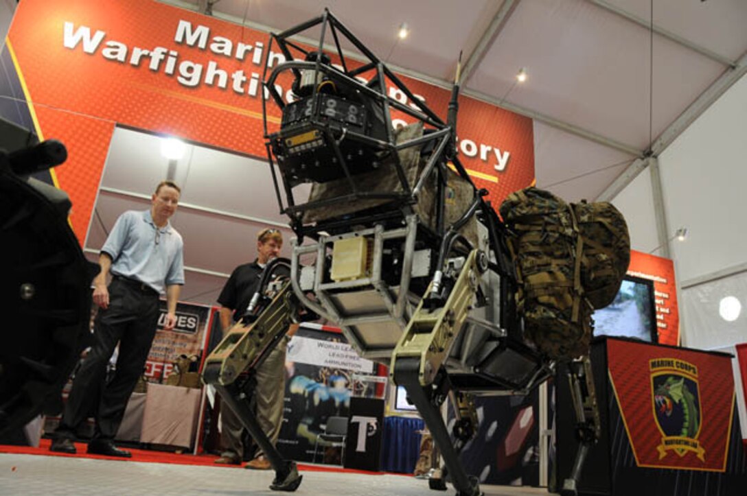 The Legged Squad Support System, a sort of robotic mule in development by the Marine Corps Warfighting Lab, the Defense Advanced Research Projects Agency and Boston Dynamics, is made to carry gear over rough terrain but is still in testing.