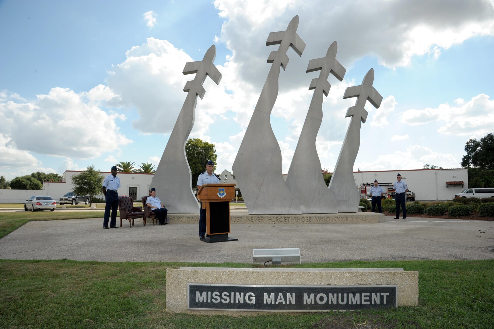 Col. Matthew Isler, 12th Flying Training Wing commander, spoke about the importance of remembering those who have not yet returned home from America’s armed conflicts during the Prisoners of War and Missing in Action Retreat ceremony Sept. 17, 2015 at Joint Base San Antonio-Randolph. On this day, Americans across the United States pause to remember the sacrifices and service of those who were prisoners of war, as well as those who are missing in action and their families.  (U.S. Air Force photo by Joel Martinez/Released)