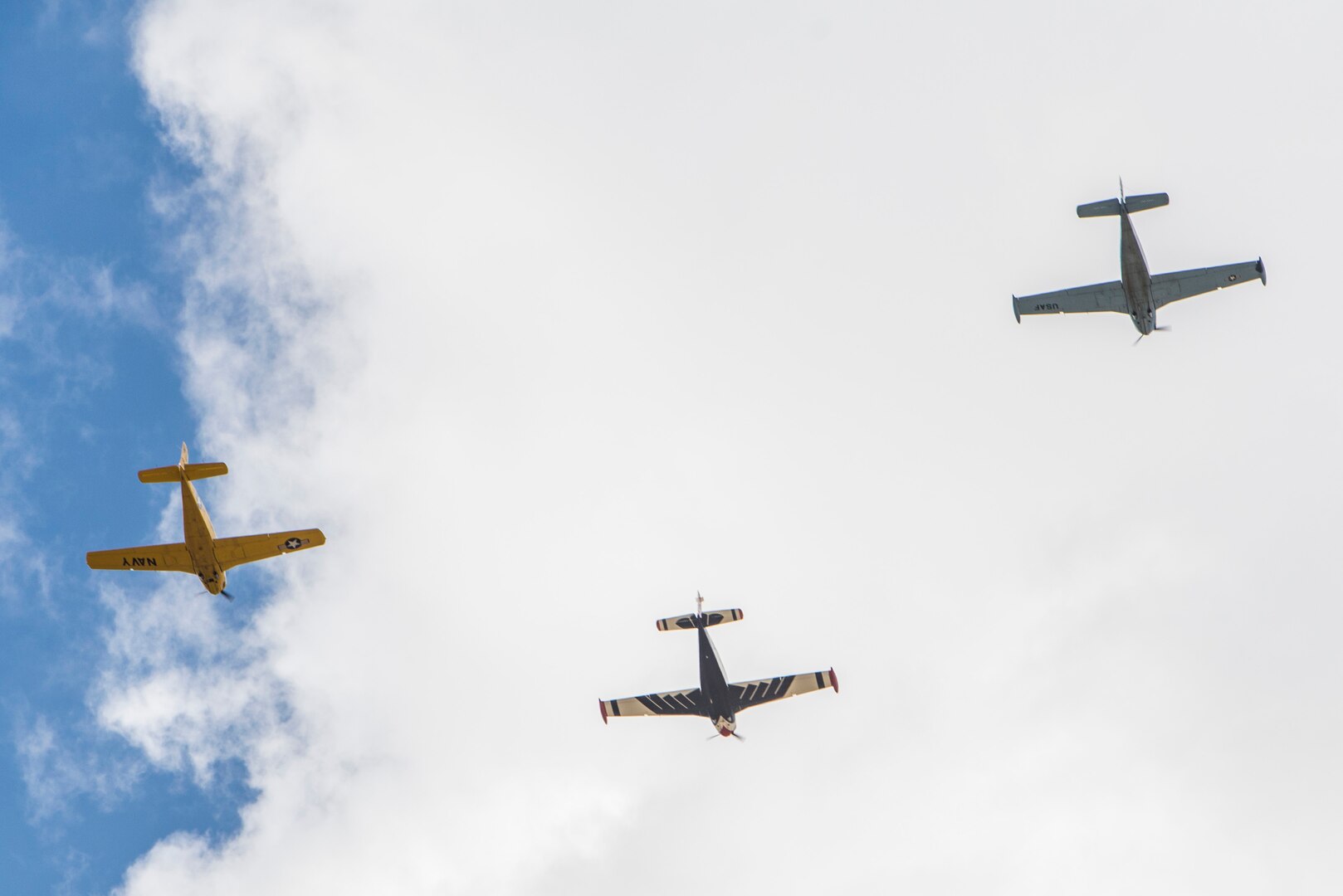 T-34 Mentors fly over a POW/MIA retreat ceremony Sept. 17, 2015, at Joint Base San Antonio-Randolph. National POW/MIA Recognition Day is observed nationwide on the third Friday of September every year. During this time, all military installations fly the National League of Families’ POW/MIA flag, symbolizing the nation’s remembrance of those who were captured and imprisoned during war-time operations and those who still remain missing.