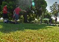 Airmen play corn-hole during the during the Airmen’s Fall Fest at Vossler Park on Joint Base Pearl Harbor-Hickam, Hawaii, Sept. 17, 2015. In its first year, the Fall Fest featured the Pacific Air Force Band, a variety of games, Alcohol and Drug Abuse Prevention & Treatment sponsored drunk goggles go cart races, Football toss, wheel of fortune, and the commanders relay challenge. (U.S. Air Force photo by Tech. Sgt. Aaron Oelrich/Released)         