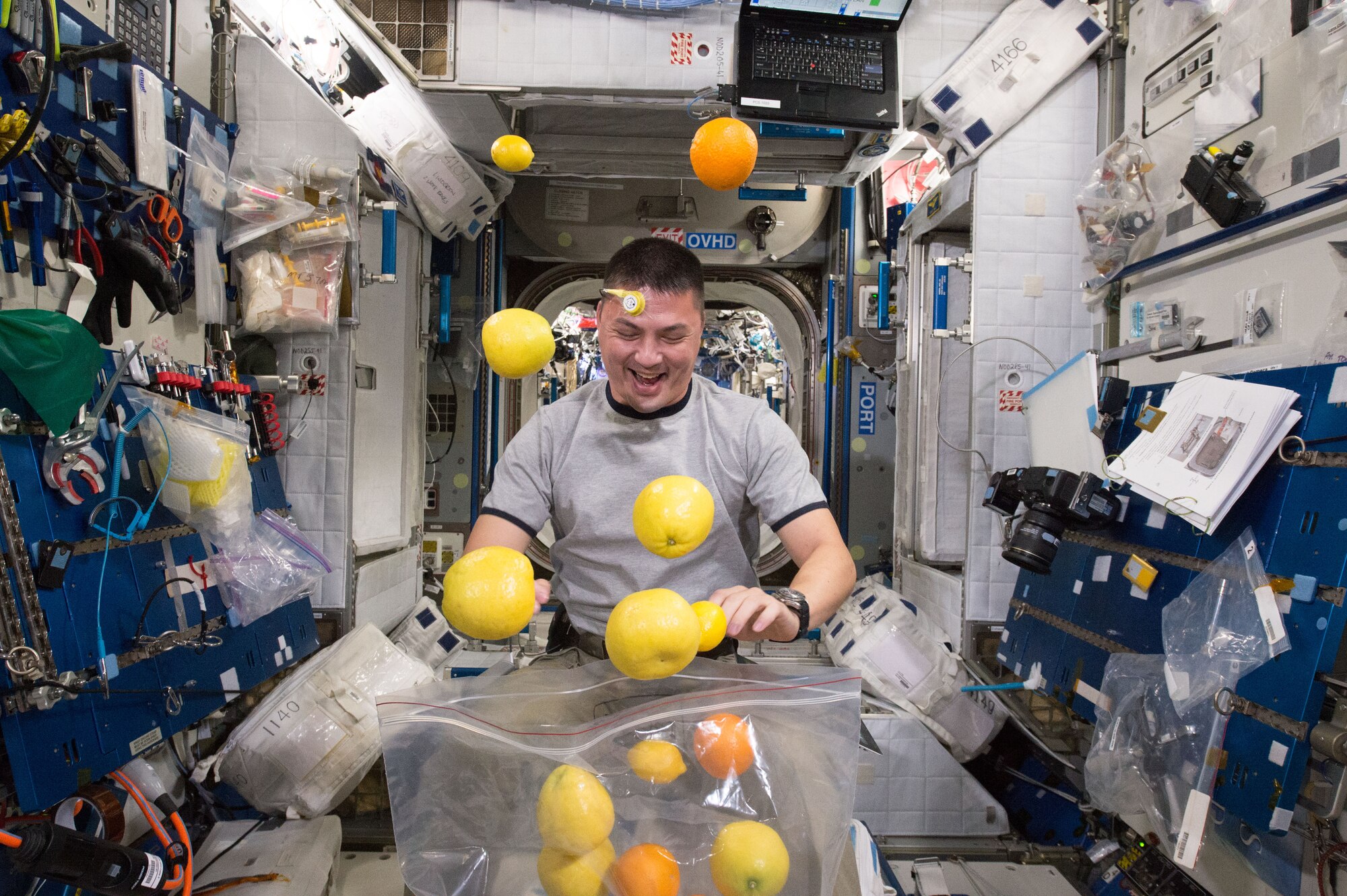 NASA astronaut Kjell Lindgren, A 1995 U.S. Air Force Academy graduate, corrals the supply of fresh fruit that arrived on the Kounotori 5 H-II Transfer Vehicle. (NASA)