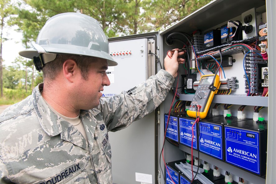 U.S. Air Force Tech. Sgt. Barry Boudreaux, 23d Communications Squadron NCO in charge of radio frequency transmission systems, checks the voltage of the base public address system during a battery repair Sept. 15, 2015, at Moody Air Force Base, Ga. The tactical radio work center performs preventative maintenance inspections on the base public address systems every 56 days. (U.S. Air Force photo by Airman 1st  Greg Nash/Released)