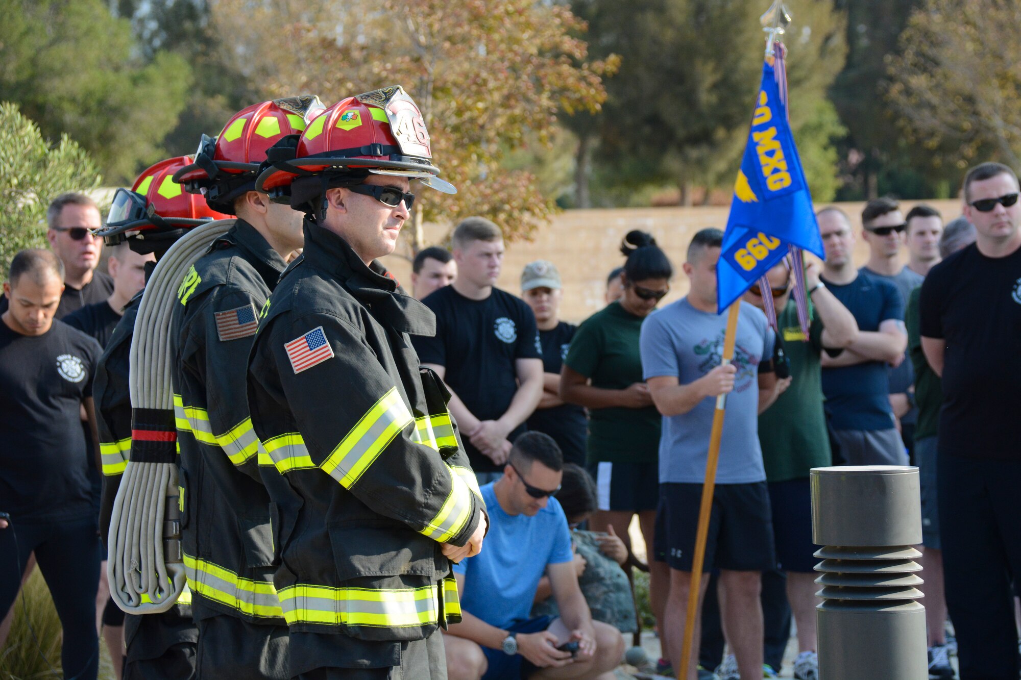 Firefighters from the 60th Civil Engineer Squadron suited up Sept. 11 for the Firefighter Run for the Fallen at Travis Air Force Base, California. The run was approximately 3.43 miles, representing the 343 fallen firefighters during the attacks on 9/11. (U.S. Air Force photo by Airman 1st Class Amber Carter)