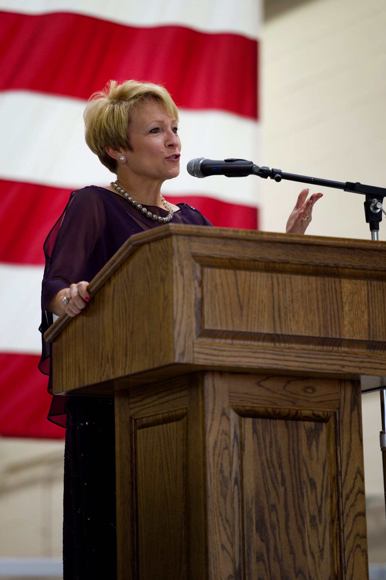 Indiana Lieutenant Governor Sue Ellspermann speaks to guests during the Air Force Ball at Grissom Air Reserve Base, Ind., Sept. 12, 2015. Other guests included U.S. Rep. Jackie Walorski, Logansport, Ind. Mayor Ted Franklin and other civic leaders and veterans from the local area and throughout the state. (U.S. Air Force Photo/Tech. Sgt. Benjamin Mota)