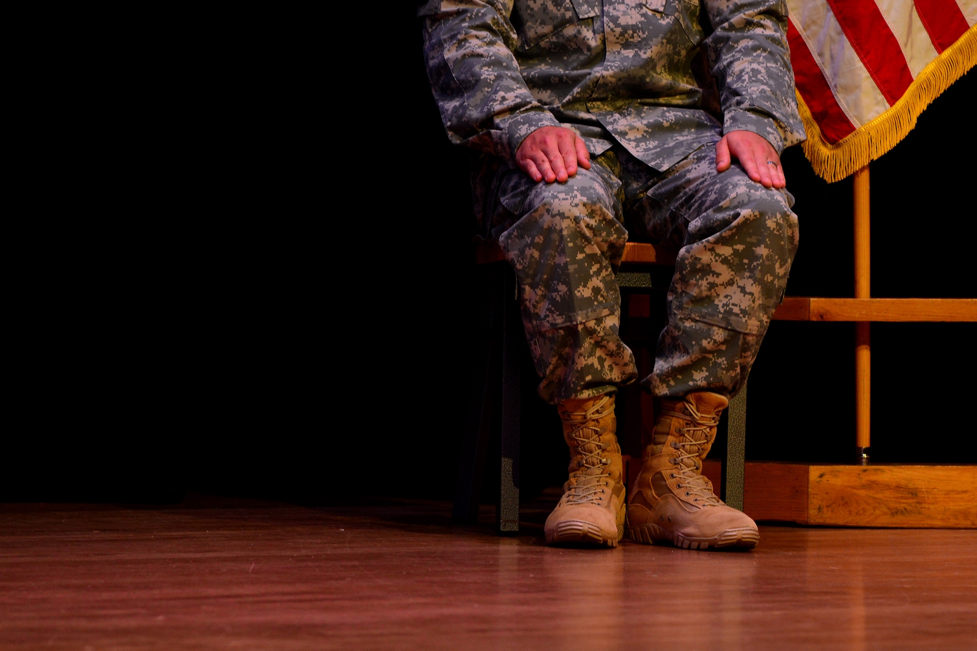 U. S. Army Staff Sgt. Kenneth Zimmerman, Aviation Logistics Noncommissioned Officer Academy instructor, sits during his induction ceremony into the Sergeant Audie Murphy Club at Fort Eustis, Va.,  Sept. 15, 2015. Induction to the club is available to Army NCOs whose leadership achievements and performance merit membership. (U.S. Air Force photo by Staff Sgt. Natasha Stannard/Released)